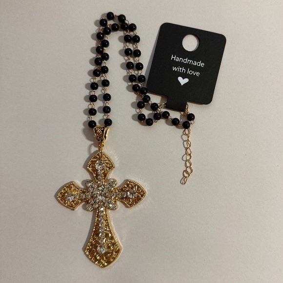 Vintage Gold Tone Gothic Statement Cross Charm Rosary Choker Necklace Brand New - Picture 2 of 11